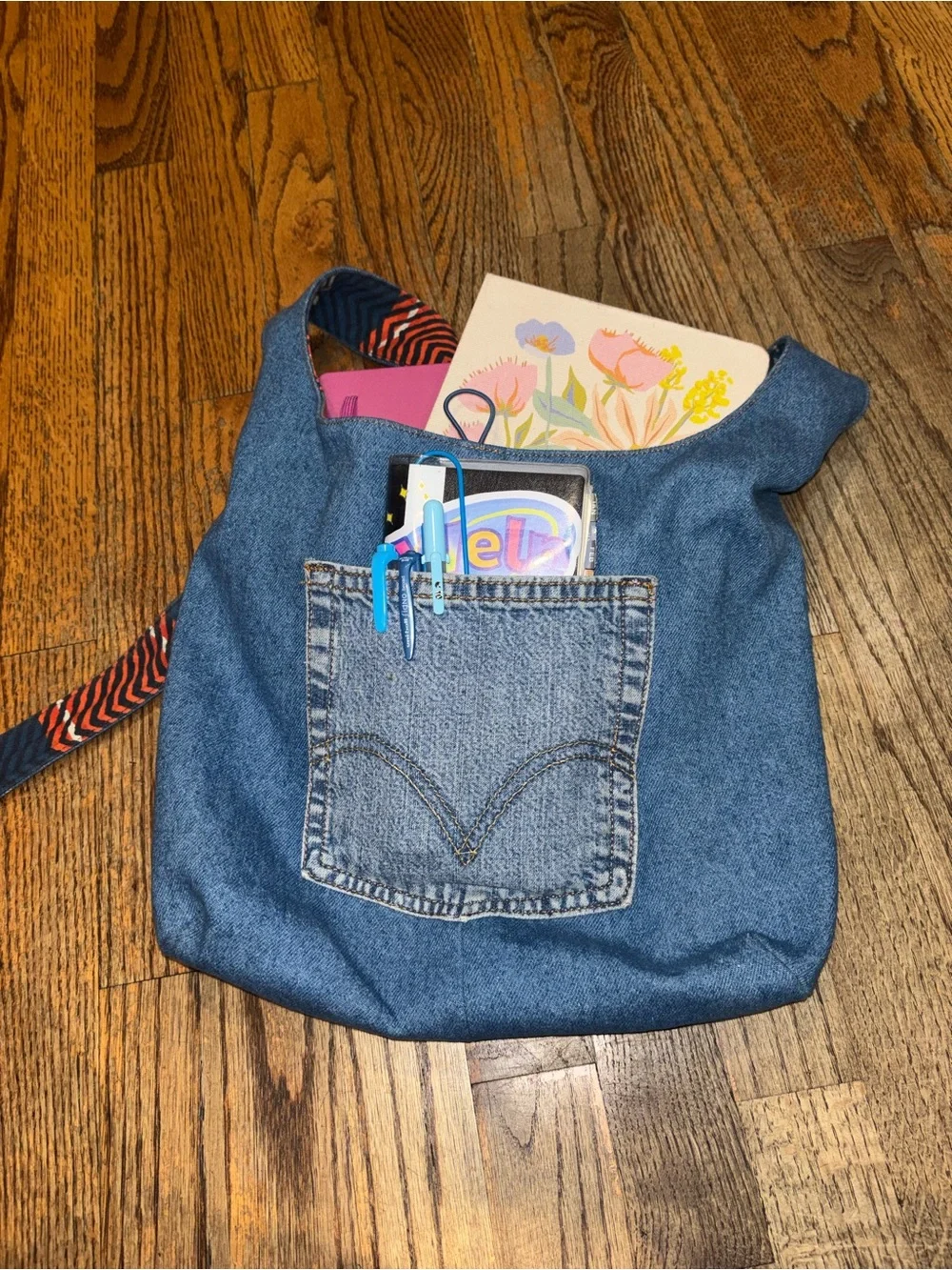 Reversible Handmade Denim & Plaid Crossbody Tote Bag travel reading